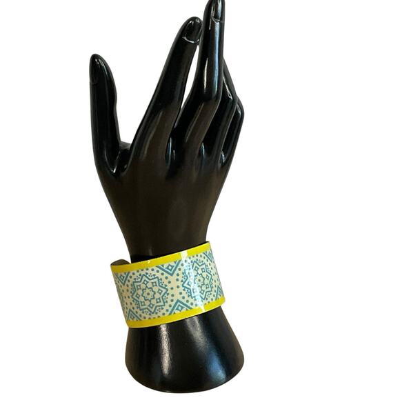 Vintage Brass Enamel Cuff Bracelet Blue Yellow Geometric Boho Modernist 1.5” - Picture 4 of 10